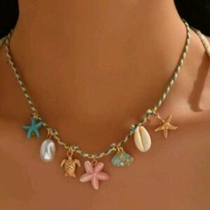 Beach Charm Starfish & Shell Necklace in Blue, Pink and Gold